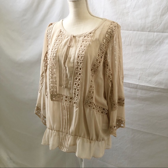 DR2 Beige Tie Neck Wide Sleeve Crochet Blouse - Picture 7 of 7
